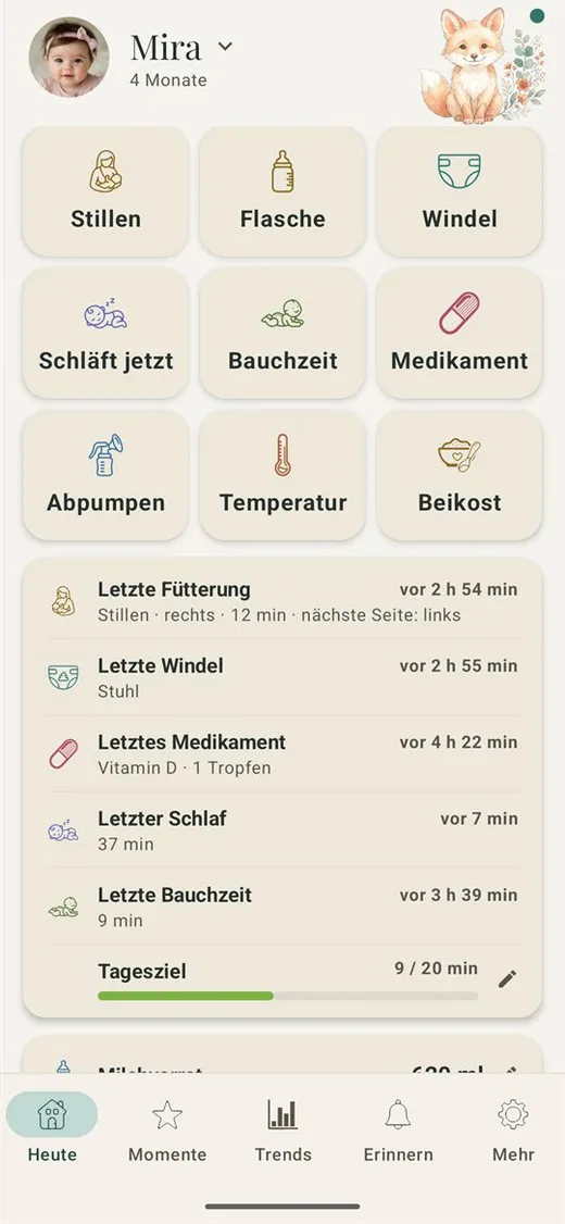 Lumelie, Heute-Seite: Schnelltasten für Stillen, Flasche, Windel und mehr, darunter die letzten Einträge.